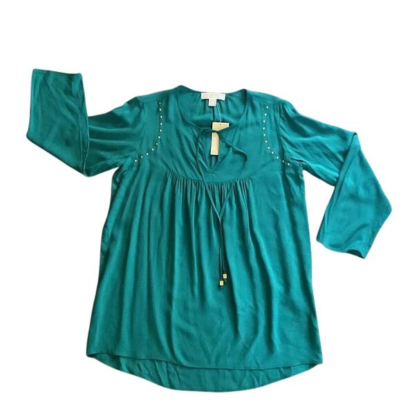 Michael Michael Kors Peasant Retro Gold Stud Detail XS Teal Boho Blouse NWT - Picture 4 of 8